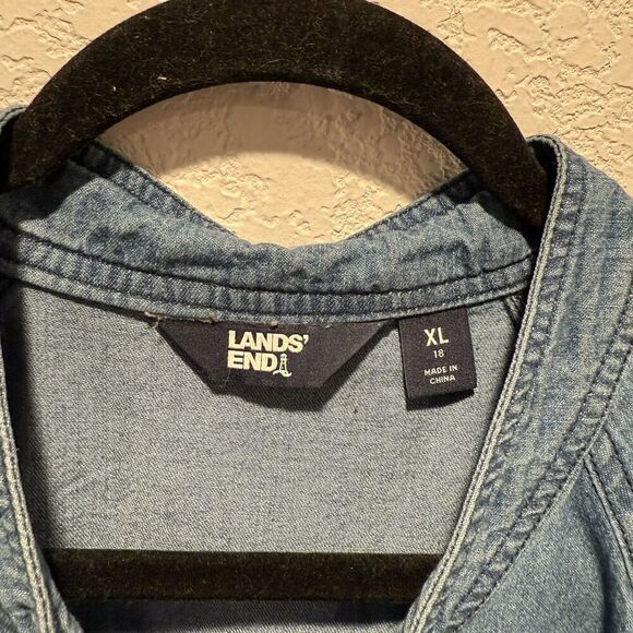 Lands End Denim Puff Sleeve Tie Front Top Women’s XL Medium Wash 100% Cotton - Picture 4 of 9